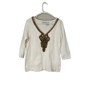 Soft Surroundings White Ribbed Beaded 3/4 Sleeve Tee Shirt Size M